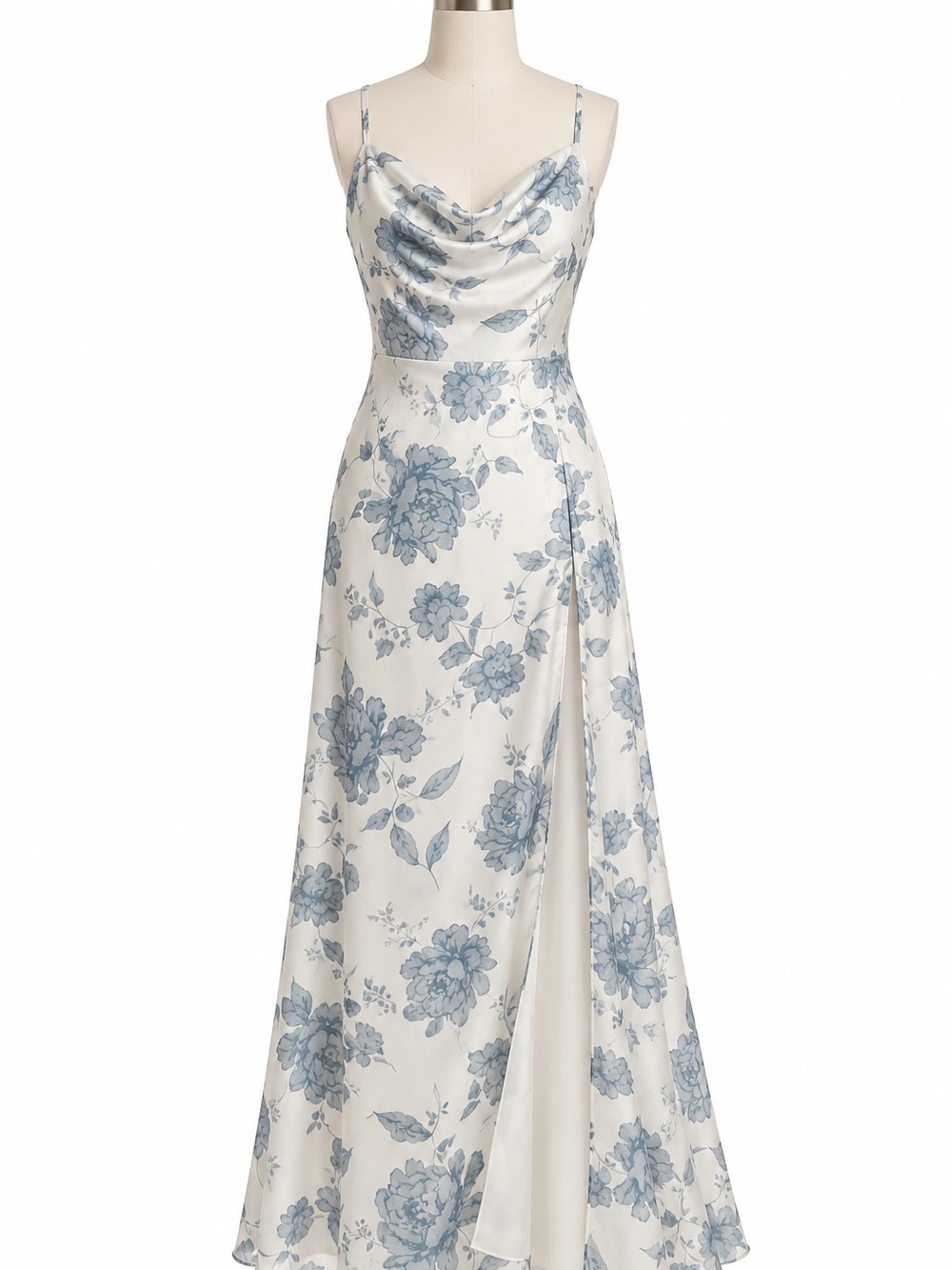 Elegant Blue Floral Cowl Neck Maxi Dress